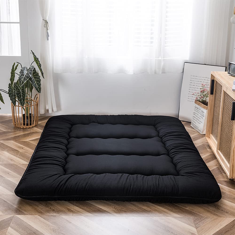 MAXYOYO Japanese Floor Mattress Futon Mattress, 4" Thicken Tatami Mat Sleeping Pad Foldable Roll Up Mat Boys Girls Dormitory Pad Kids Floor Lounger Pillow Bed, Black, Full