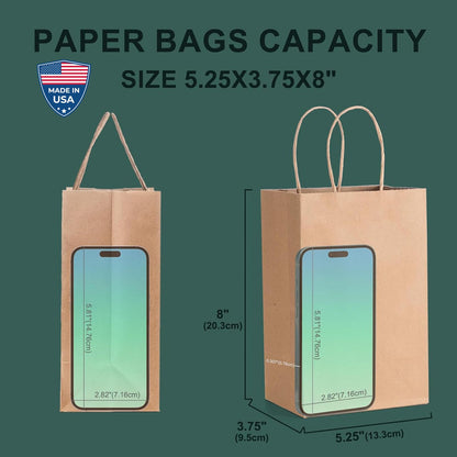 METRONIC Paper Gift Bags 5.25x3.75x8 50Pcs, Christmas Gift Wrap Bags with Handles, Brown Kraft Paper Bag for Small Business, Bulk Party Favors Bag for Birthday, Shopping, Retail, Made in USA