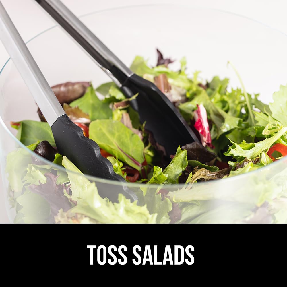 GORILLA GRIP Stainless Steel Heat Resistant Kitchen Tongs for Cooking, Set of 2 BBQ Tong, Non Scratch Silicone Tip for Pans, Strong Grip, Grab Food, Toss Salad, Air Fryer, Pull Lock, 7 + 9 Inch, Black