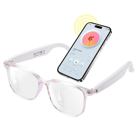 GenXenon Smart Glasses for Women, Clear Frame Blue Light Glasses, Magnetic Charging, Open-Ear Design, Voice Assistant, Bluetooth Glasses with Speakers, Audio Eyeglasses for Working Gaming (GS03-C)