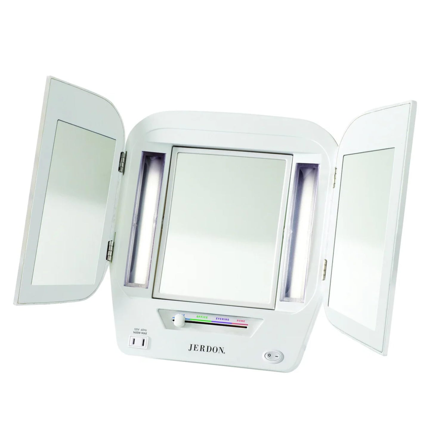 JERDON Modern Tri-Fold Makeup Mirror with Lights - Vanity Mirror with 5X Magnification & Multiple Light Settings - White Base - Model JGL10W