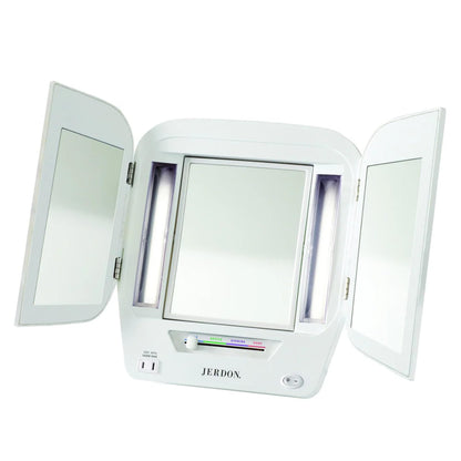 JERDON Modern Tri-Fold Makeup Mirror with Lights - Vanity Mirror with 5X Magnification & Multiple Light Settings - White Base - Model JGL10W