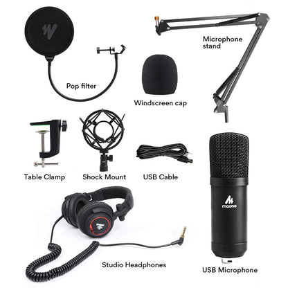 MAONO Microphone with Studio Headphone Set 192kHz/24bit Vocal Condenser Cardioid Podcast Mic Compatible with Mac and Windows, YouTube, Gaming, Live Streaming, Voice-Over (AU-A04H)