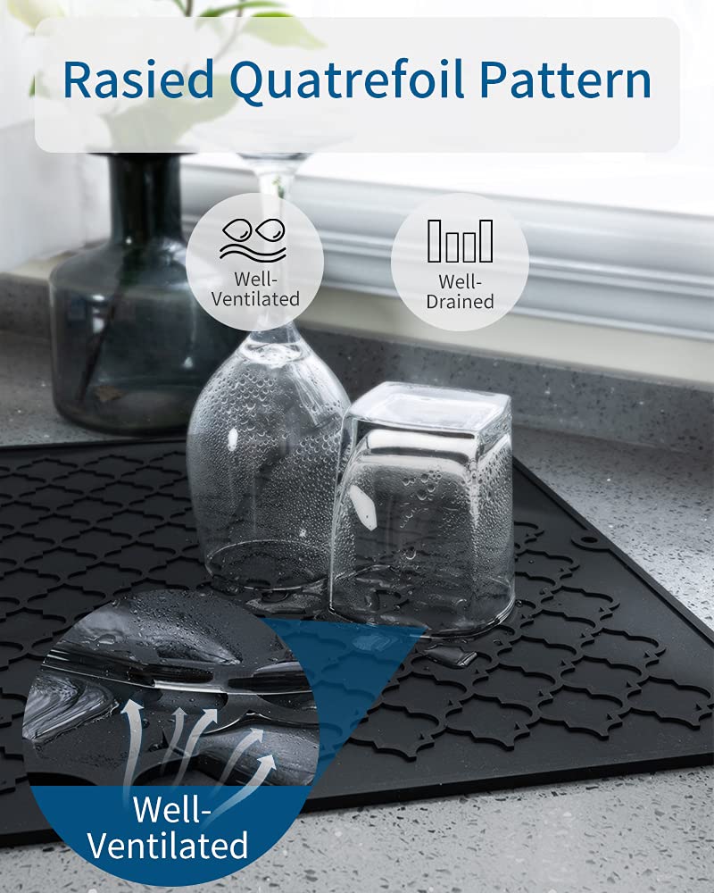 AMOAMI-Dish Drying Mat - Silicone Drying Pad - Heat Resistant - Kitchen Gadget - Black (12" x 16)