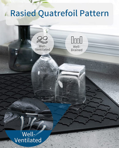 AMOAMI-Dish Drying Mat - Silicone Drying Pad - Heat Resistant - Kitchen Gadget - Black (12" x 16)