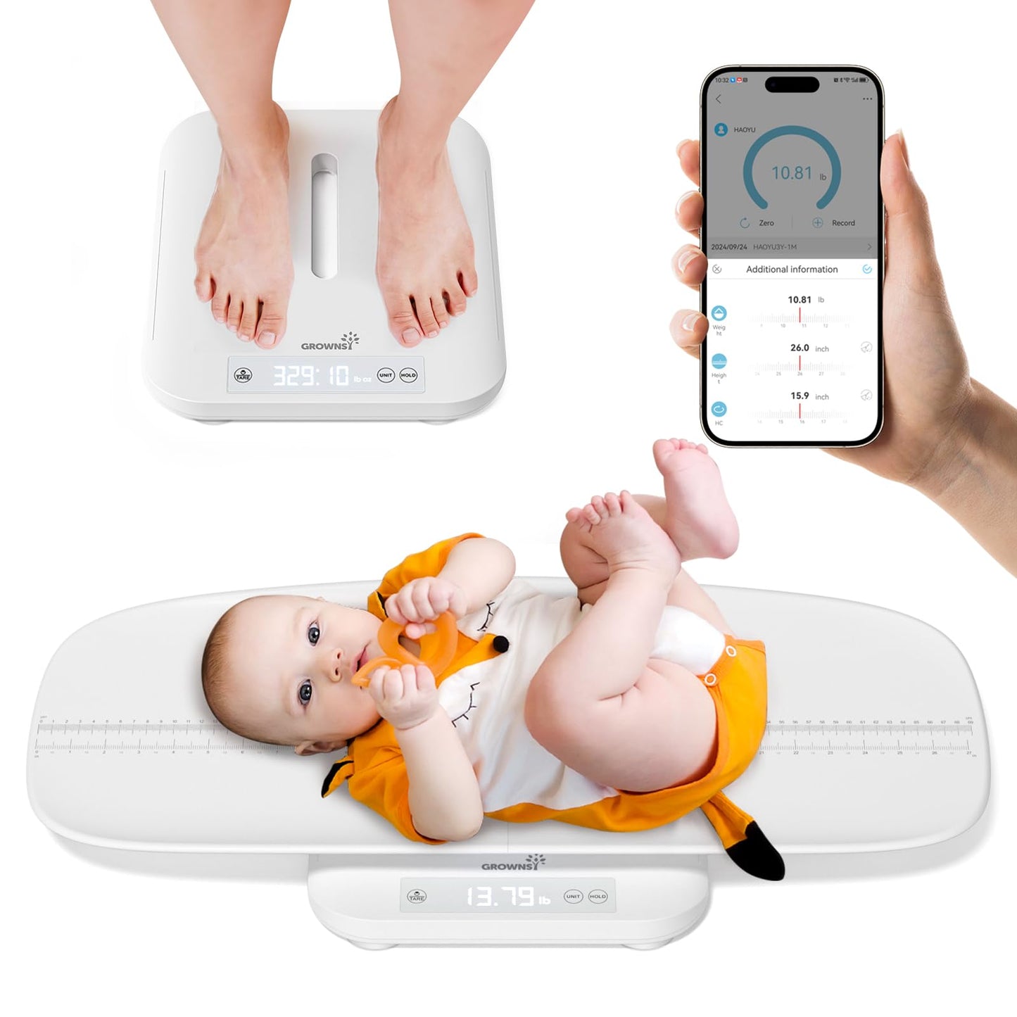GROWNSY Smart Baby/Pet Scale,Digital Baby Weight Scale with App for Tracking Growth of Infant, Toddler,Puppy,and Cat—Supports Up to 330 lbs, with Hold Function, 27-inch Height Measurement,5 Units