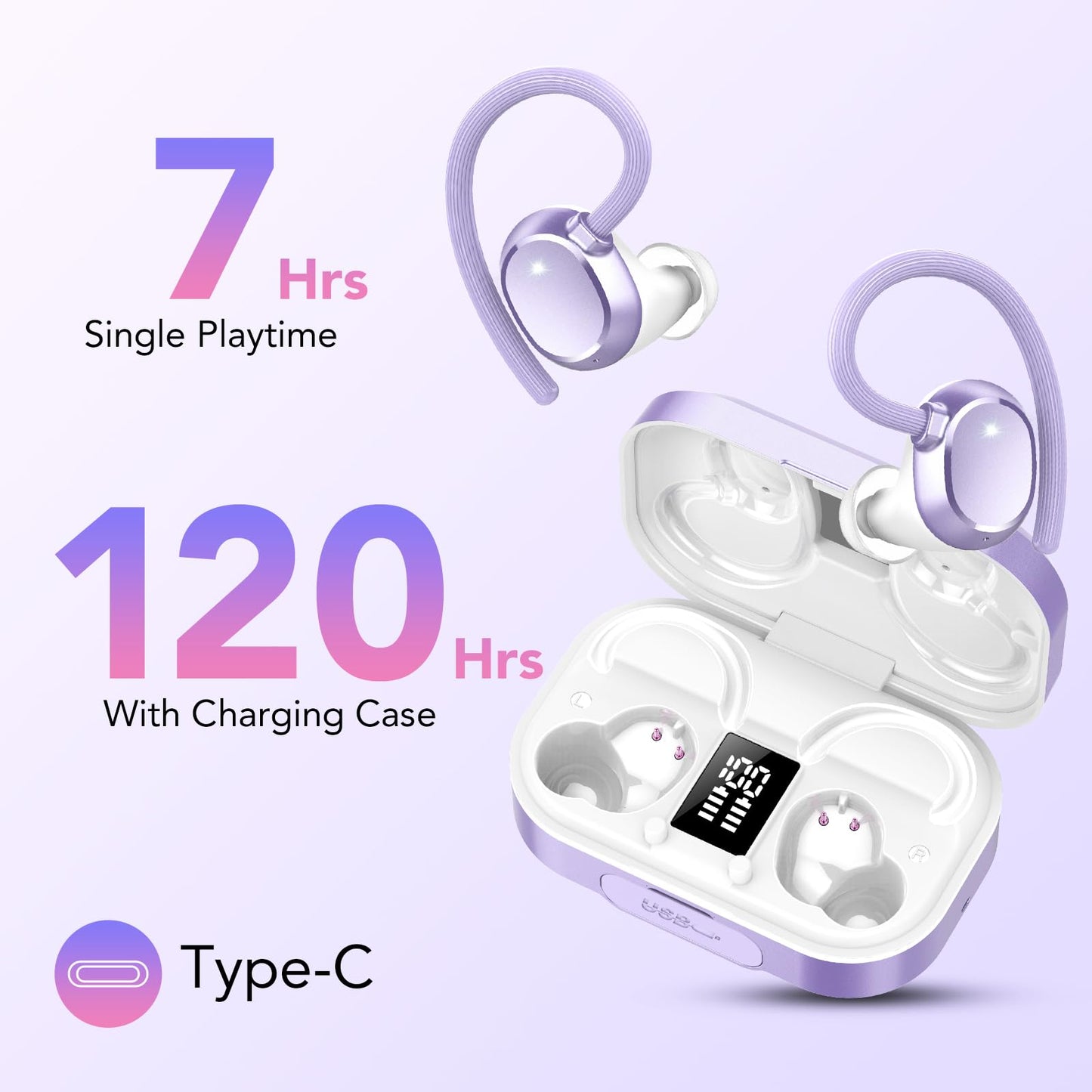 KT1 Wireless Earbuds V5.3 Bluetooth Earbuds 120Hrs Playtime, 4.7g Mini Size Painless Wear, IPX7 Waterproof, Deep Bass 2.0, Over-Ear Ear Buds Wireless Bluetooth Headphones for Sport Running(Purple)