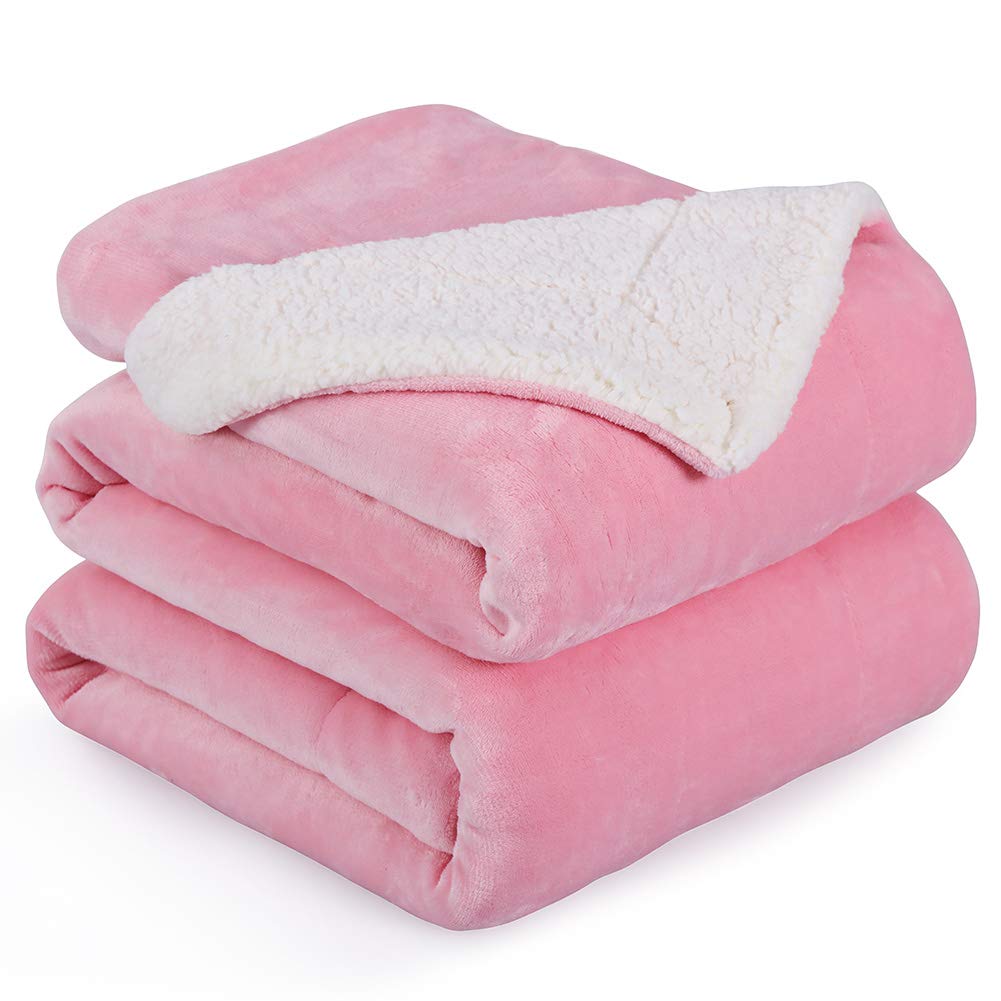 NANPIPER Flannel Blanket Reversible Sherpa Throw Blanket Super Soft Fuzzy Plush Fleece (90"x90",Pink) Queen