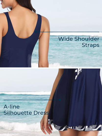 MiYang Women's One Piece High Waist Padded Swim Dress, Navy Flower, Tag Size 4XL=XL (US 16-18)