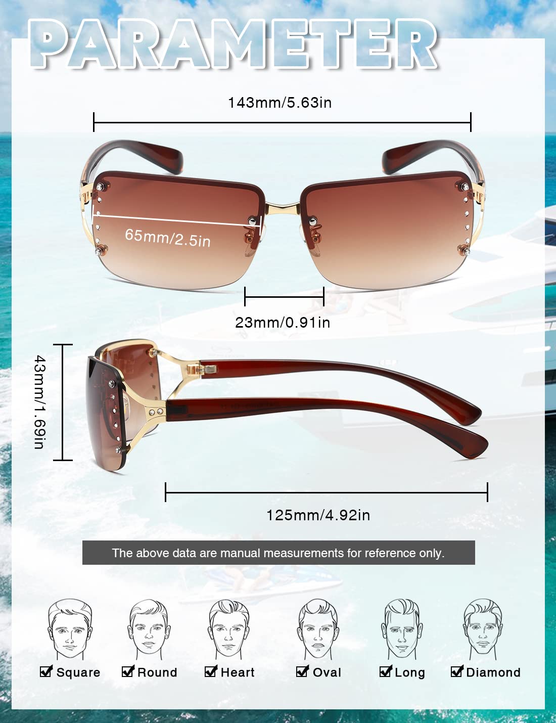 MASDUN Stylish Rimless Frameless Rectangle Sunglasses for Womens Surrounded designer trendy men (Brown Frame Brown Lens)