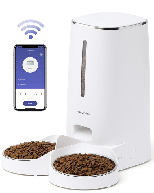 FUKUMARU Automatic Cat Feeder, 4L Dog Feeders with Double Bowls, Support DIY Meals and Timed Control WiFi Cat sFood Dispenser, Suit for Most Pet Food