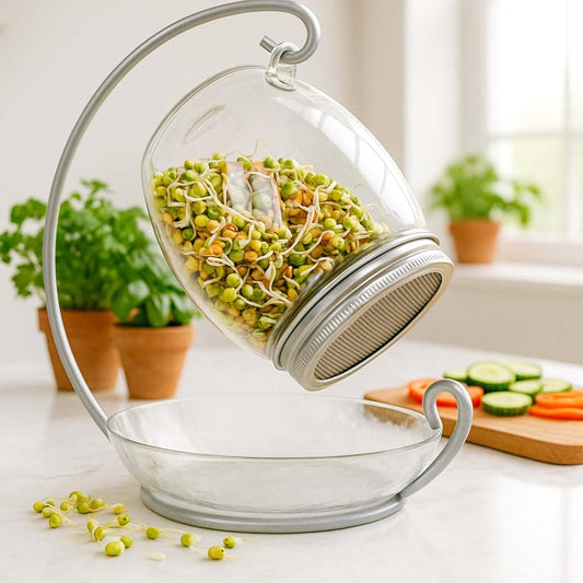 ALCEDIA Premium Sprouting Jar Kit - Unique 30 oz Wide Mouth Sprouting Jar, Stand, Tray and 316 Stainless Screen Lid | Decorative Indoor Seed Sprouter and Germinator (1 Kit)