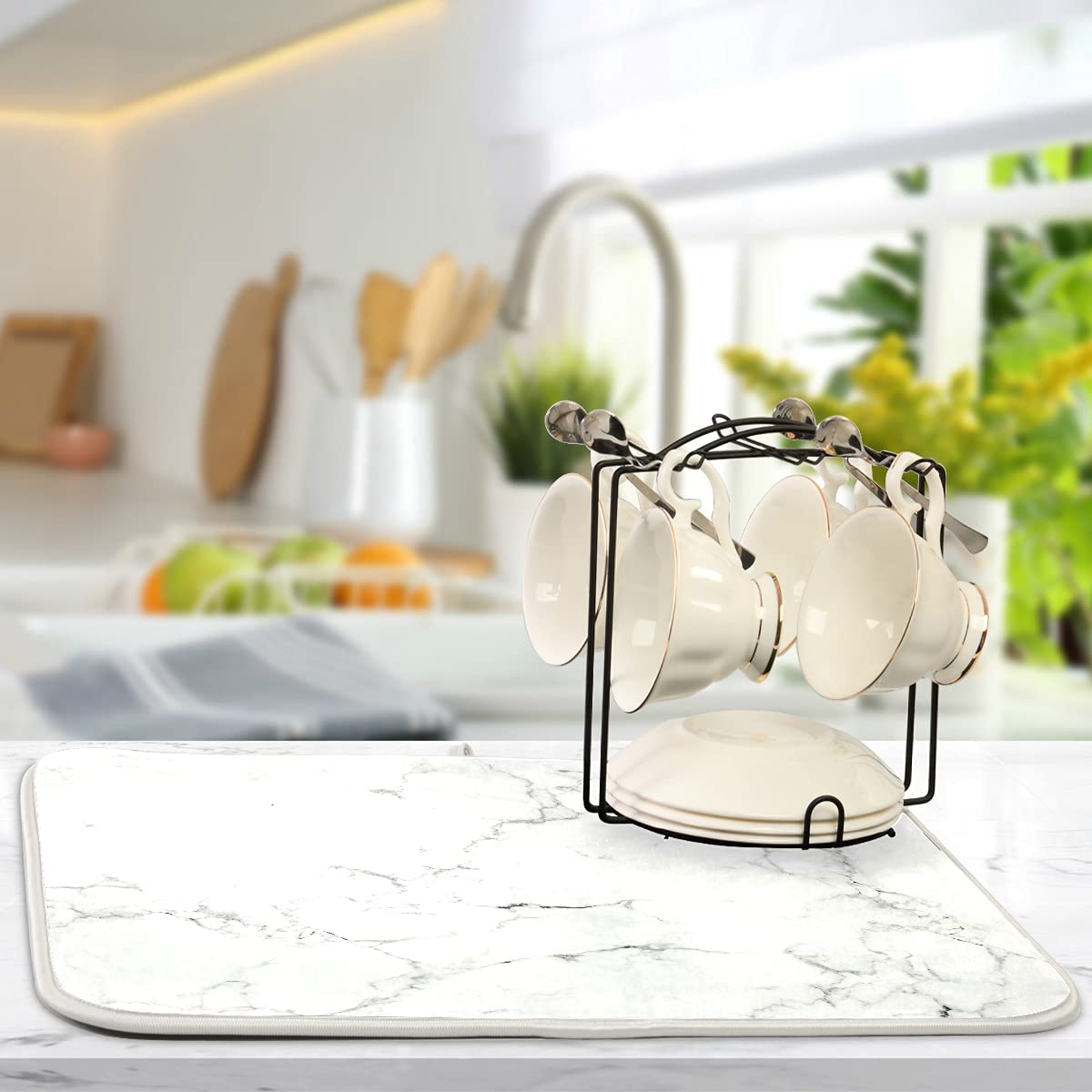 Absorbent Dish Drying Mat for Kitchen Counter - Marble Print Microfiber Drying Pad, Reversible Drainer Mats for Countertop, Large 18 x 24 inch