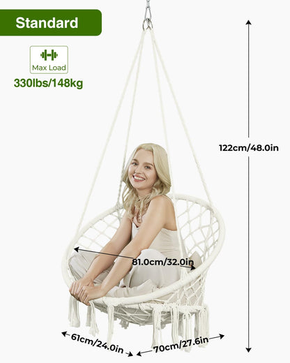 Greenstell Hammock Chair, Macrame Swing Chair with Comfy Cushion, Boho Hanging Chair for Outdoor & Indoor, Perfect for Bedroom, Patio, Balcony, Hold up to 330Lbs, White