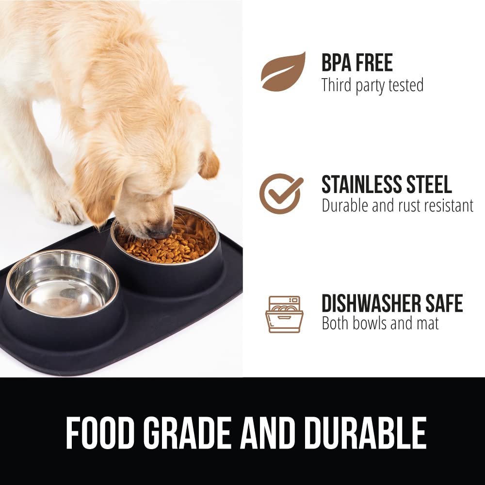 GORILLA GRIP Feeding Mat Set, 4 Cup, Patent Pending 100% Waterproof BPA Free Silicone, Stainless Steel Cat and Dog Bowls, Slip Resistant, High Edges Catch Water Food, US Designed Pet Accessories Black