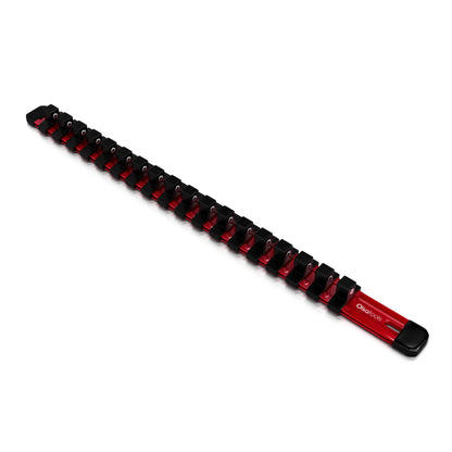 Olsa Tools Socket Organizer - 3/8-Inch Drive Red Holder - Stores 18 Chrome or Impact Sockets - Durable Rail Storage for Mechanics - Professional Grade Metric or SAE Socket Organizer - Part 1011