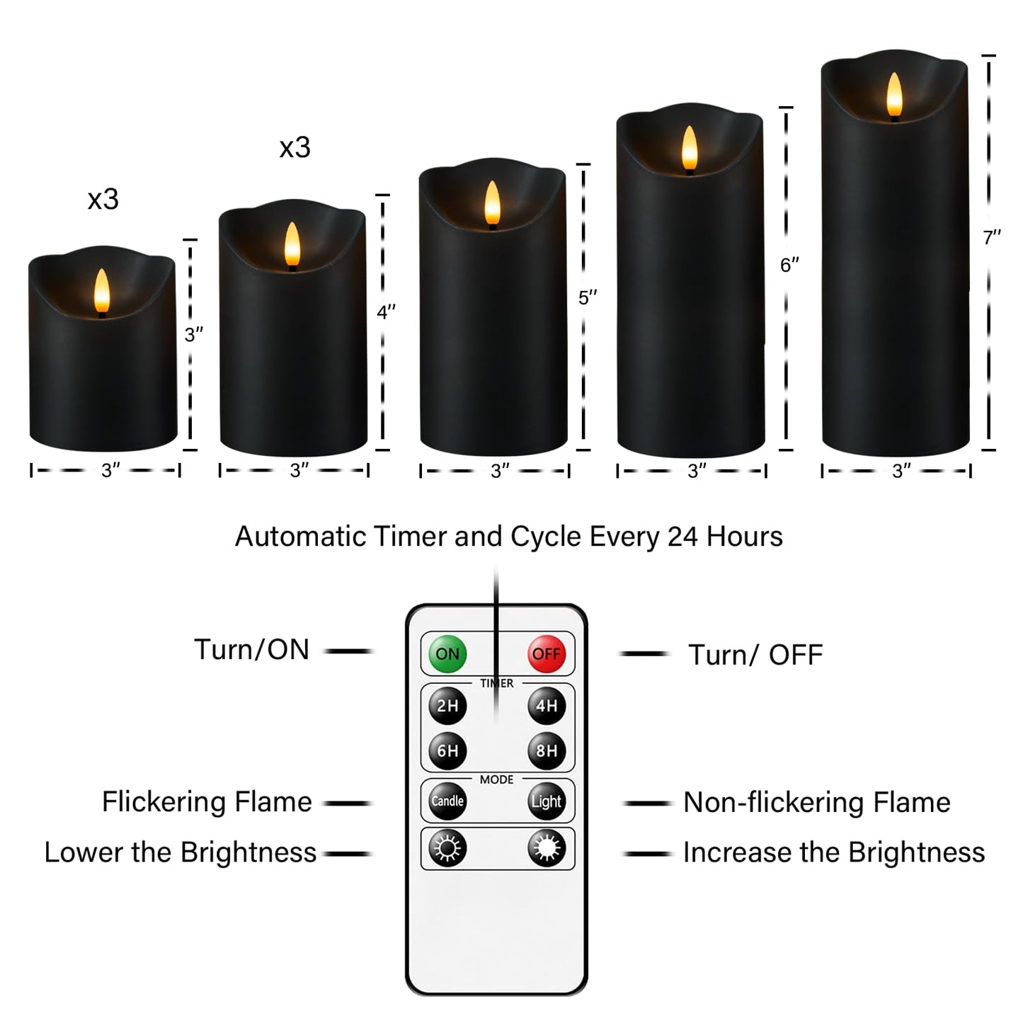 Nimiko Flameless Candles with Remote, Battery Operated Flickering Flameless Candles, LED Candles with Timer 2/4/6/8H, with Realistic LED Candles Set of 9 (D3 x H 3" 4" 5" 6" 7") (Black)