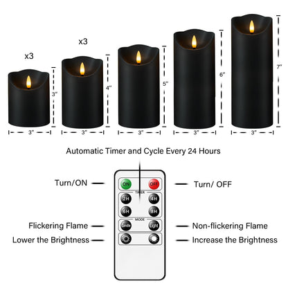 Nimiko Flameless Candles with Remote, Battery Operated Flickering Flameless Candles, LED Candles with Timer 2/4/6/8H, with Realistic LED Candles Set of 9 (D3 x H 3" 4" 5" 6" 7") (Black)