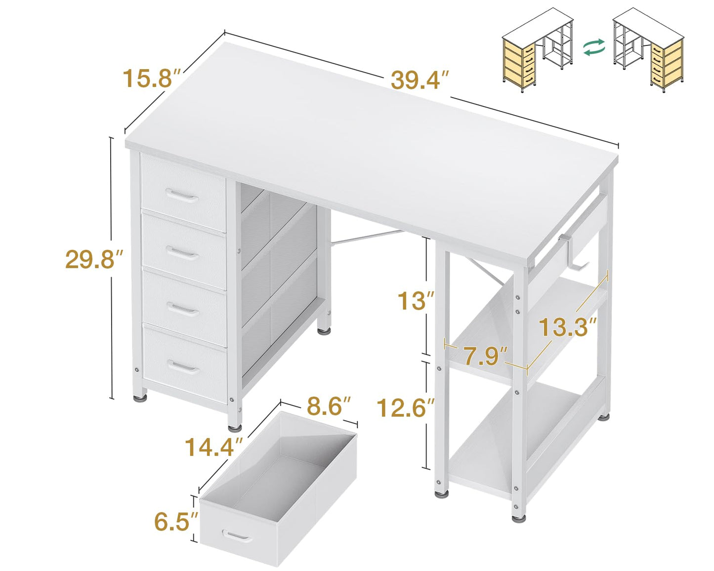 ODK 40 Inch Small White Computer Desk with 4 Fabric Drawers, Modern Office Desk for Home Office Gaming with Storage Shelves Study, White