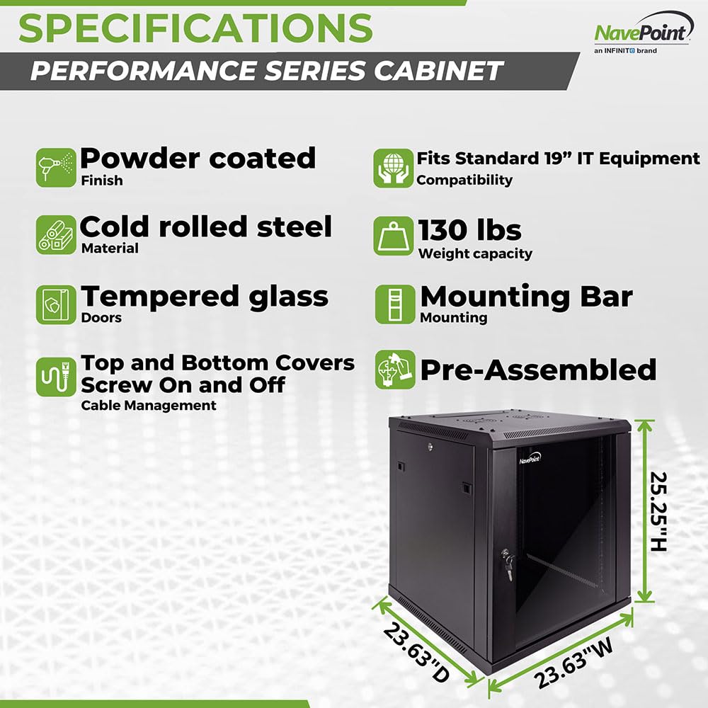 NavePoint 12U Server Cabinet Wall Mount Rack Enclosure Includes 2 Fans, Locking Glass Door, Removable Side Panels – 12U Network Cabinet 23.6” Deep, 19 Inch Server Rack for IT and A/V Equipment