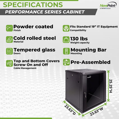 NavePoint 12U Server Cabinet Wall Mount Rack Enclosure Includes 2 Fans, Locking Glass Door, Removable Side Panels – 12U Network Cabinet 23.6” Deep, 19 Inch Server Rack for IT and A/V Equipment