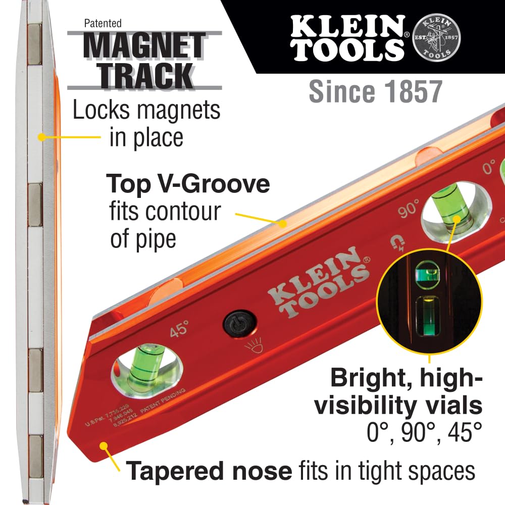 Klein Tools 935RBLT Level, 9-Inch Lighted Torpedo Level with Magnet, 0/45/90 Degree Vials and V-Groove, Water and Impact Resistant, High-Visibility