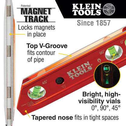 Klein Tools 935RBLT Level, 9-Inch Lighted Torpedo Level with Magnet, 0/45/90 Degree Vials and V-Groove, Water and Impact Resistant, High-Visibility