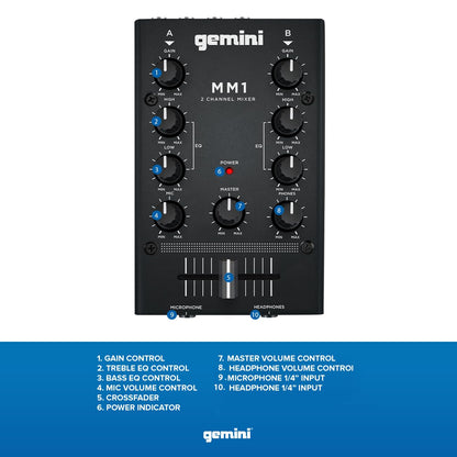 Gemini Portable 2-Channel DJ Mixer – Pocket-Sized Mini Audio Mixer with RCA, Mic & Headphone Jacks, Pro Crossfader & EQ – Compact Mixer for Beginners & Mobile DJs On-the-Go (MM1)
