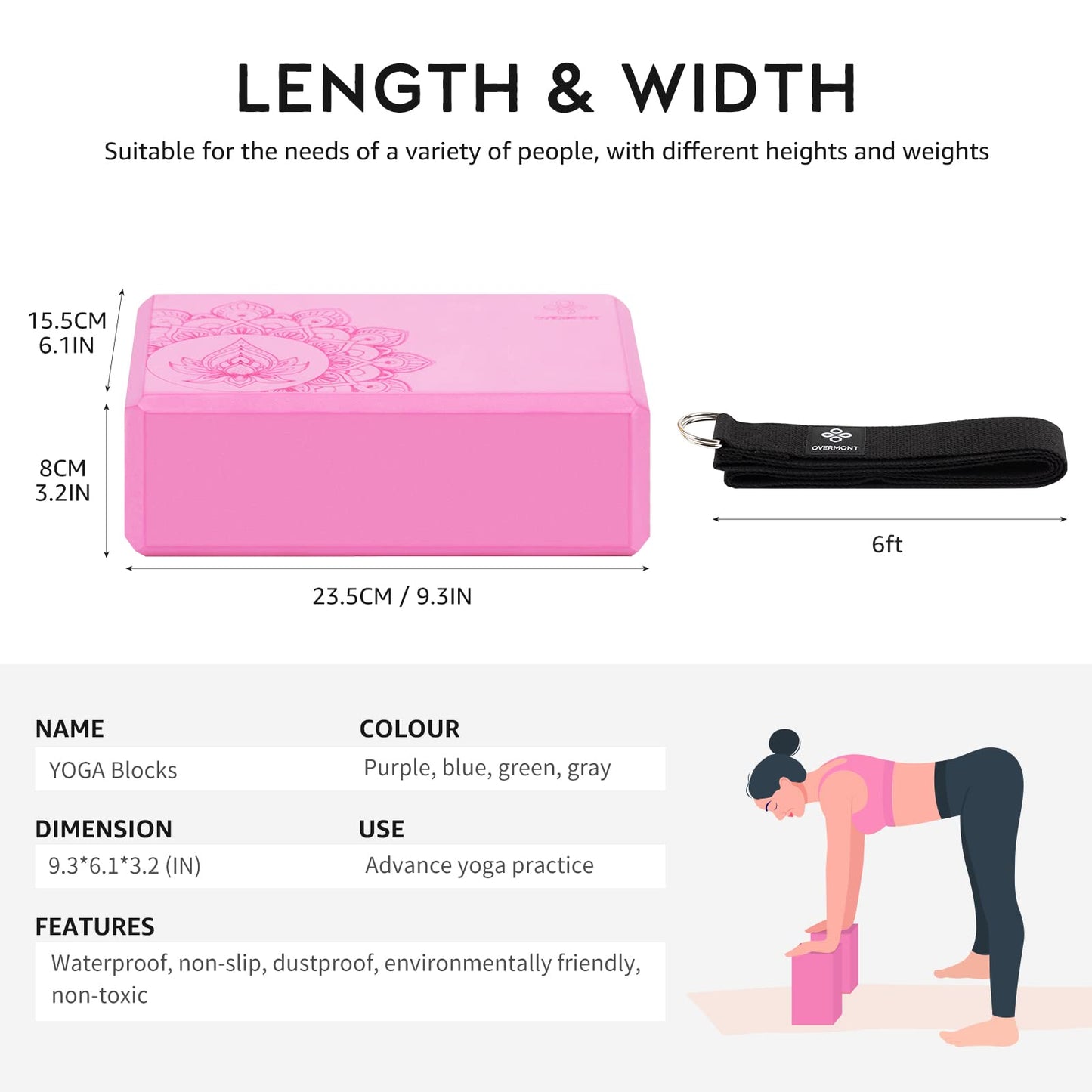 Overmont Yoga Block 2 Pack Supportive Latex-Free EVA Foam Soft Non-Slip Surface for General Fitness Pilates Stretching and Meditation 9"x6"x3" Yoga Strap Included (Pink)