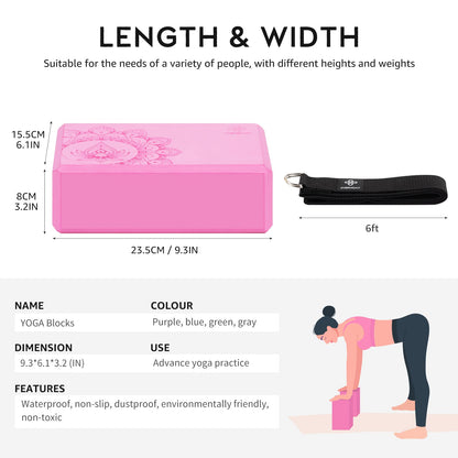 Overmont Yoga Block 2 Pack Supportive Latex-Free EVA Foam Soft Non-Slip Surface for General Fitness Pilates Stretching and Meditation 9"x6"x3" Yoga Strap Included (Pink)