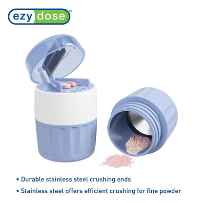 EZY DOSE Pill Crusher and Cutter 3-in-1, Crushes Cuts, and Stores Pills, Vitamins, Tablets, Built-in Storage Compartment, Features Stainless-Steel Blade, Portable and Travel-Friendly, Blue, BPA Free