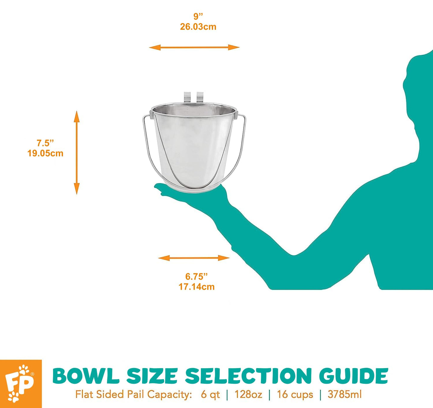 Fuzzy Puppy Pet Products Flat Sided Pail with Dual Hooks, Snugly Fit On Dog, Cat and Critter Crates & Cages, Heavy Duty Stainless Steel | 6 Quart (PN: FSP-6)