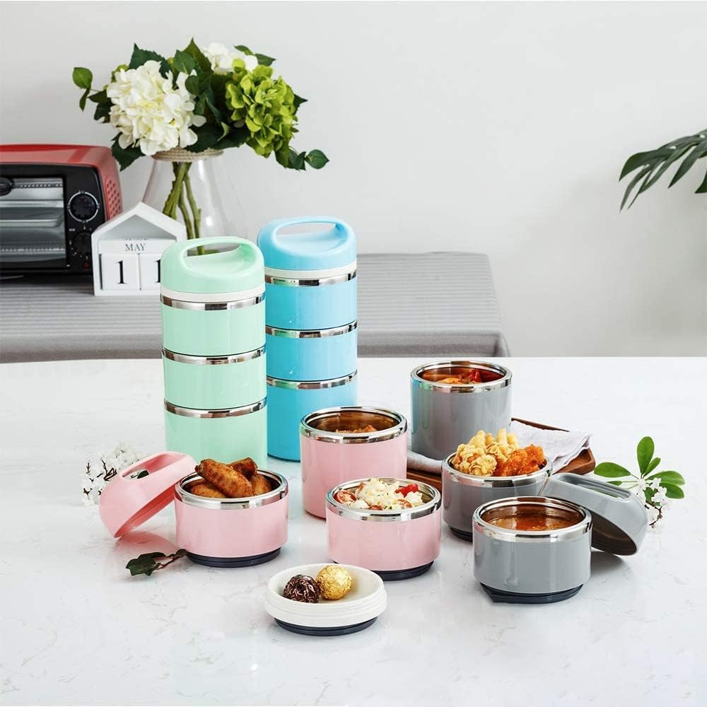 Lille Home Stackable Stainless Steel Thermal Compartment Lunch/Snack Box, 3-Tier Insulated Bento/Food Container with Lunch Bag, Utensils Set and Three Extra Seals, 43OZ (Gray)