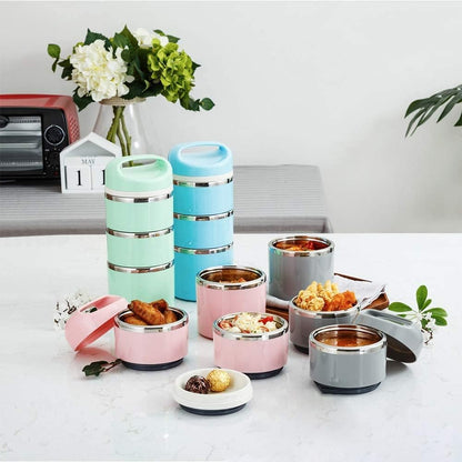 Lille Home Stackable Stainless Steel Thermal Compartment Lunch/Snack Box, 3-Tier Insulated Bento/Food Container with Lunch Bag, Utensils Set and Three Extra Seals, 43OZ (Gray)