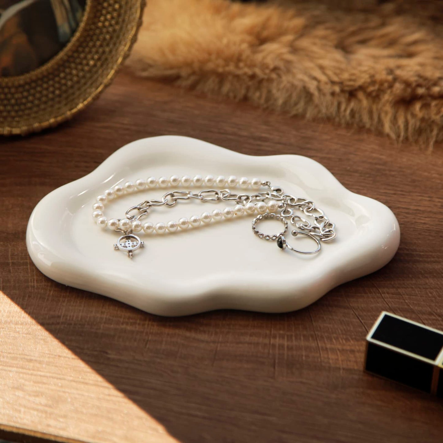 MDFAYE Jewelry Dish Trinket Tray for Women, Ring Dish Holder, Unique Cloud Shape Ceramic Plate Cute Things Vanity Aesthetic Room Decor Mother's Day Birthday (White)