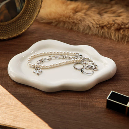 MDFAYE Jewelry Dish Trinket Tray for Women, Ring Dish Holder, Unique Cloud Shape Ceramic Plate Cute Things Vanity Aesthetic Room Decor Mother's Day Birthday (White)