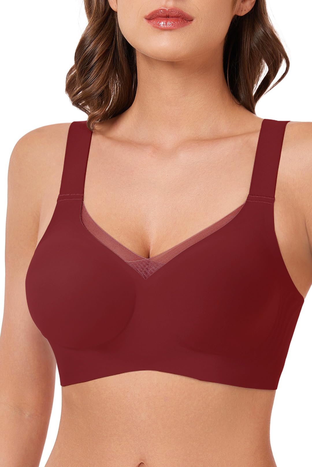 MOEOZLLO V Lace Bras for Women No Underwire Seamless Bralettes for Women Wireless Bra Soft Support Everyday T Shirt Bras -Red,L