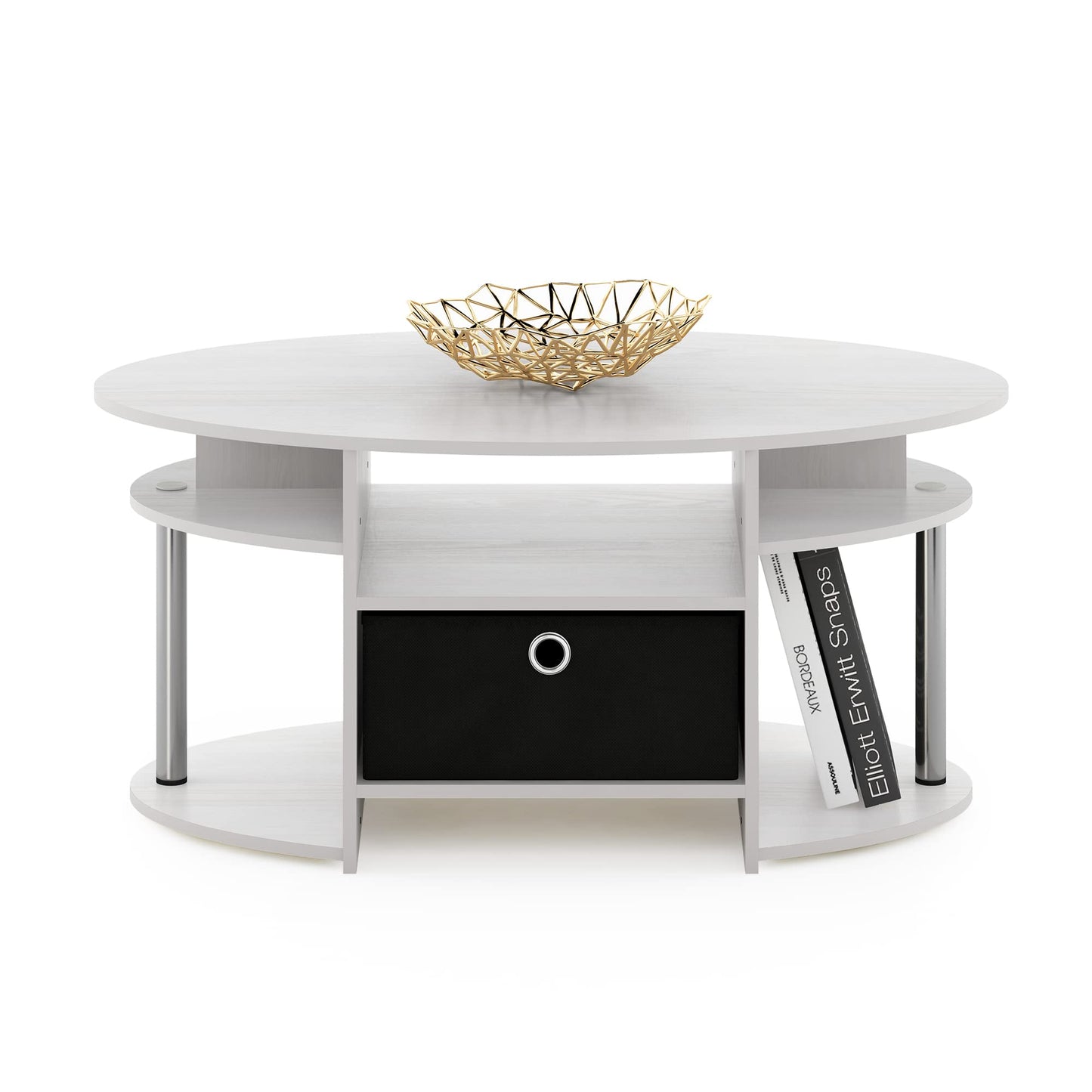 Furinno Jaya Simple Design Oval Coffee Table with Bin for Living Room, White Oak/Chrome/Black