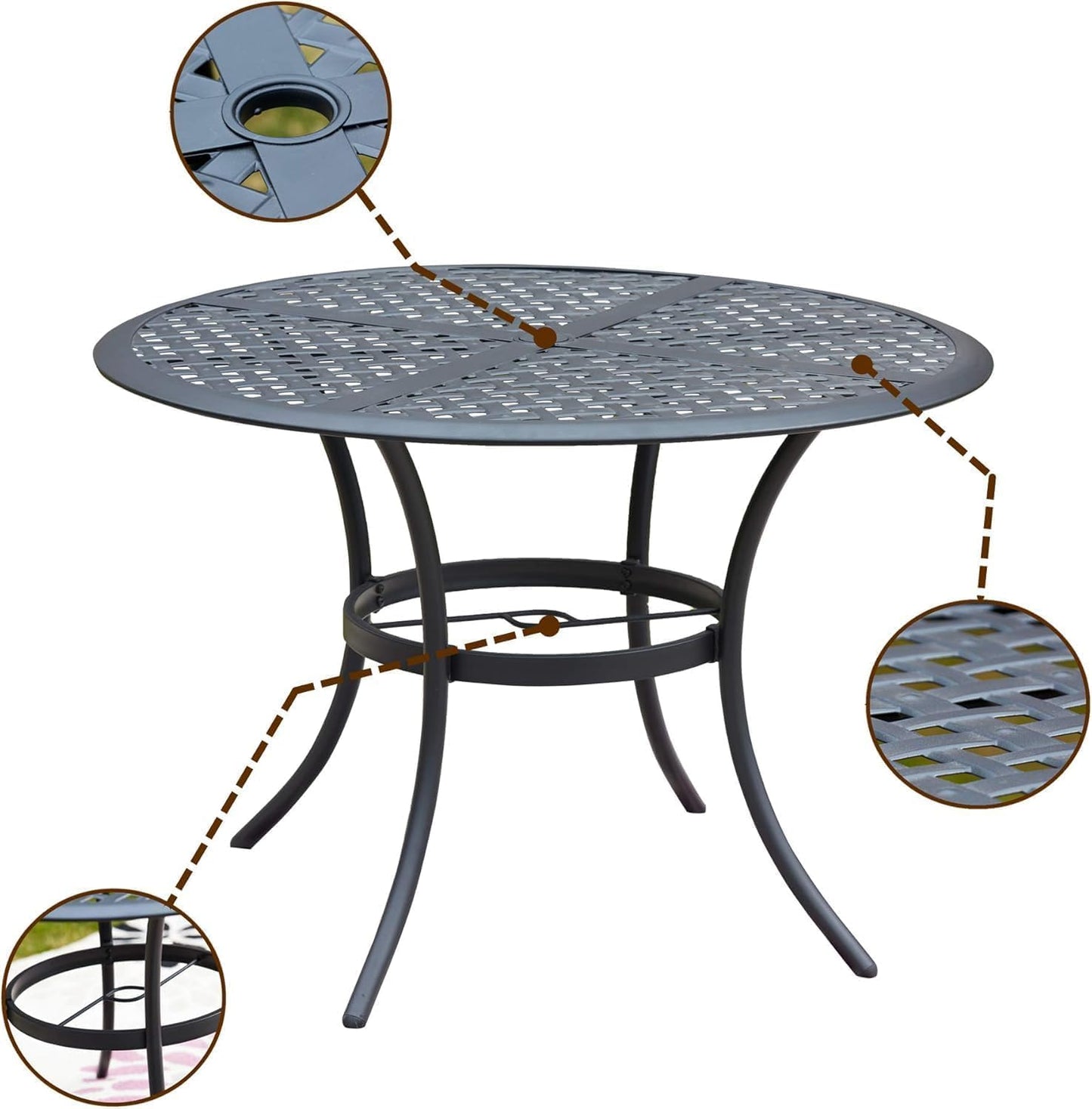 LOKATSE HOME 42.1" Outdoor Patio Round Dining Table with Umbrella Hole, Steel Frame for Backyard Lawn Balcony Deck