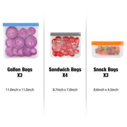 Lerine 10 Pack Dishwasher Safe Reusable Bags, Leakproof Reusable Freezer Bags, BPA Free Food Storage Bags for Marinate Food Travel - 3 Gallon 4 Sandwich 3 Snack