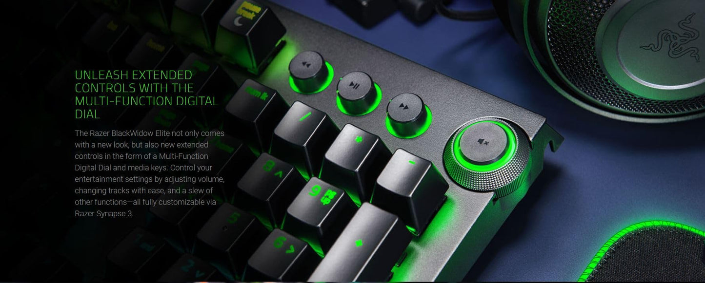 RAZER BlackWidow Elite: Esports Gaming Keyboard - Multi-Function Digital Dial with Dedicated Media Controls - Ergonomic Wrist Rest - RAZER Green Mechanical Switches (Tactile and Clicky) (Renewed)