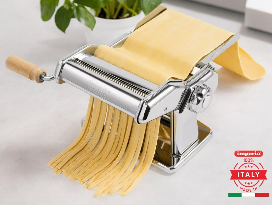 Imperia Pasta Maker Machine- 100% Made in Italy, Heavy Duty Steel Construction, Easy Lock Dial, Wood Grip Handle & Cleaning Brush- Fresh Homemade Italian Spaghetti Fettuccine or Lasagna (Classic Line)