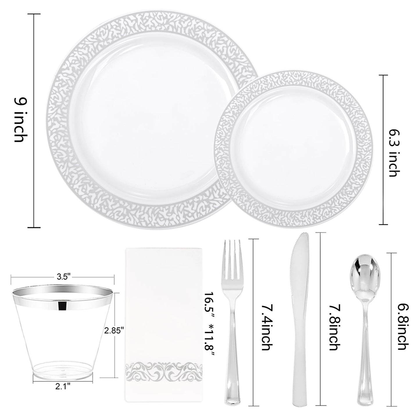 Festiva 350PCS Silver Plastic Dinnerware Set - Disposable Lace Silver Plates and Napkins Party Supplies - include plates,napkins,cups,silverware - Serve for 50 Guests Party&Wedding
