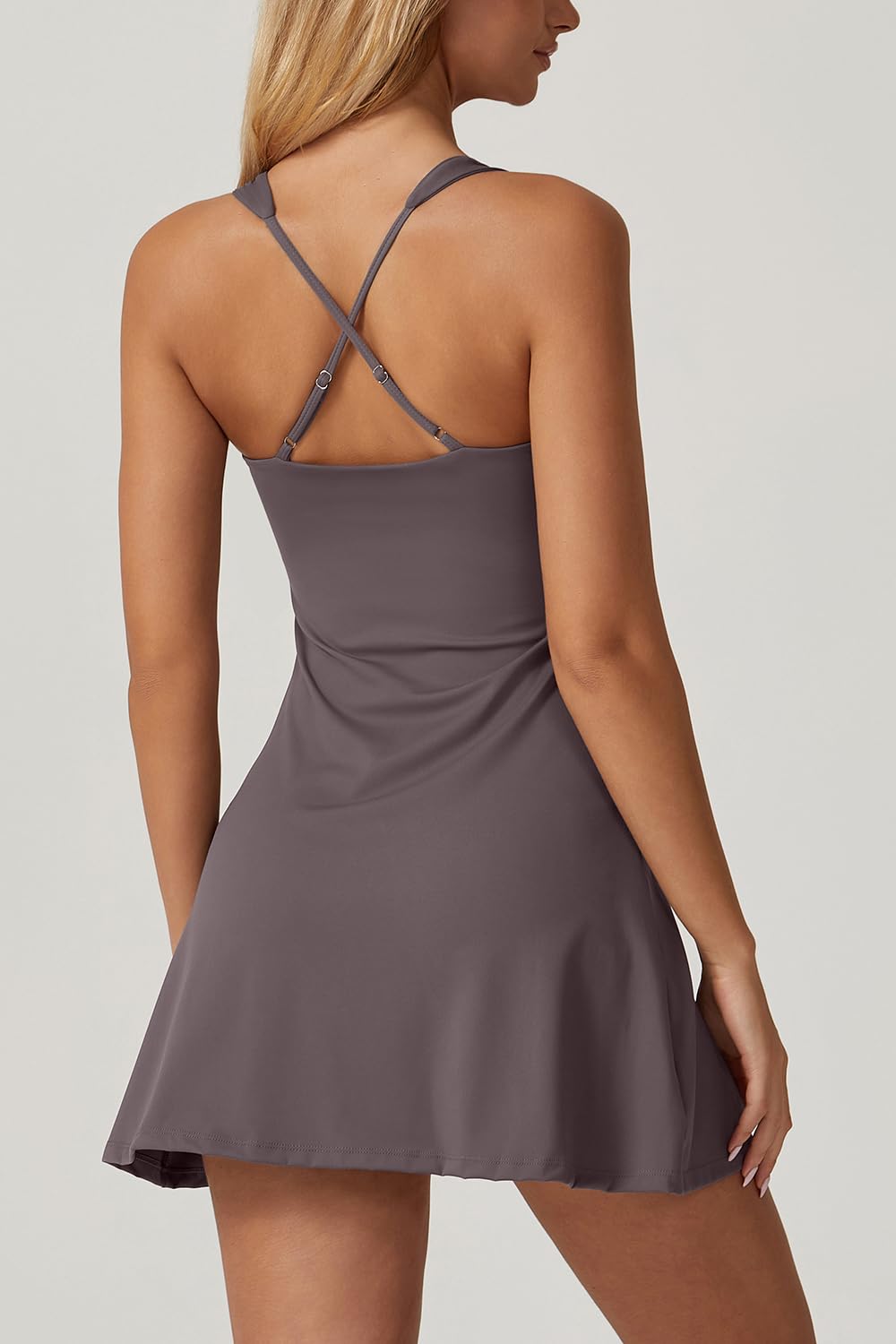 QINSEN Exercise Workout Dress for Women Square Neck Sleeveless Flare Tennis Dress with Shorts Pockets Rose Taupe S