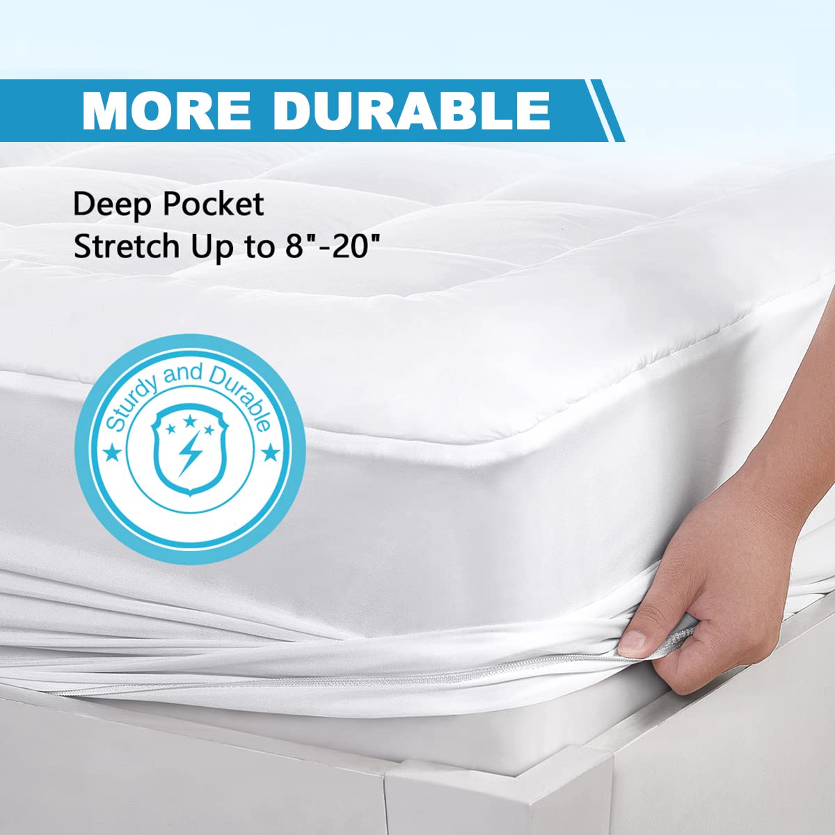 Queen Mattress Pad Cover Cooling Mattress Topper Pillow Top with Down Alternative Fill (8-21” Fitted Deep Pocket Queen Size) White