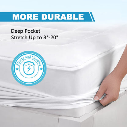 Queen Mattress Pad Cover Cooling Mattress Topper Pillow Top with Down Alternative Fill (8-21” Fitted Deep Pocket Queen Size) White