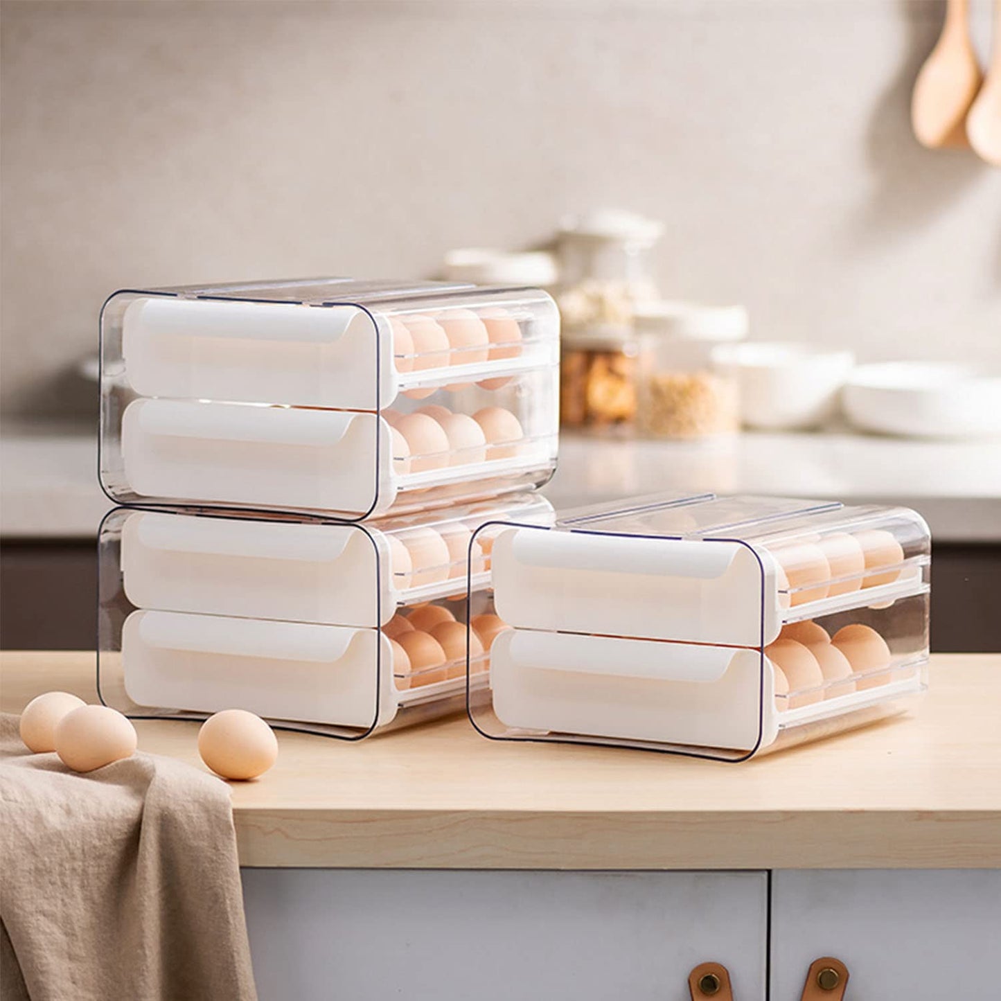 Large Capacity Egg Holder for Refrigerator, Egg Storage Container Organizer Bins, Stackable Clear Plastic Storage Egg Organizer with Handles, Household Egg Holder for Fridge(2 Layer)