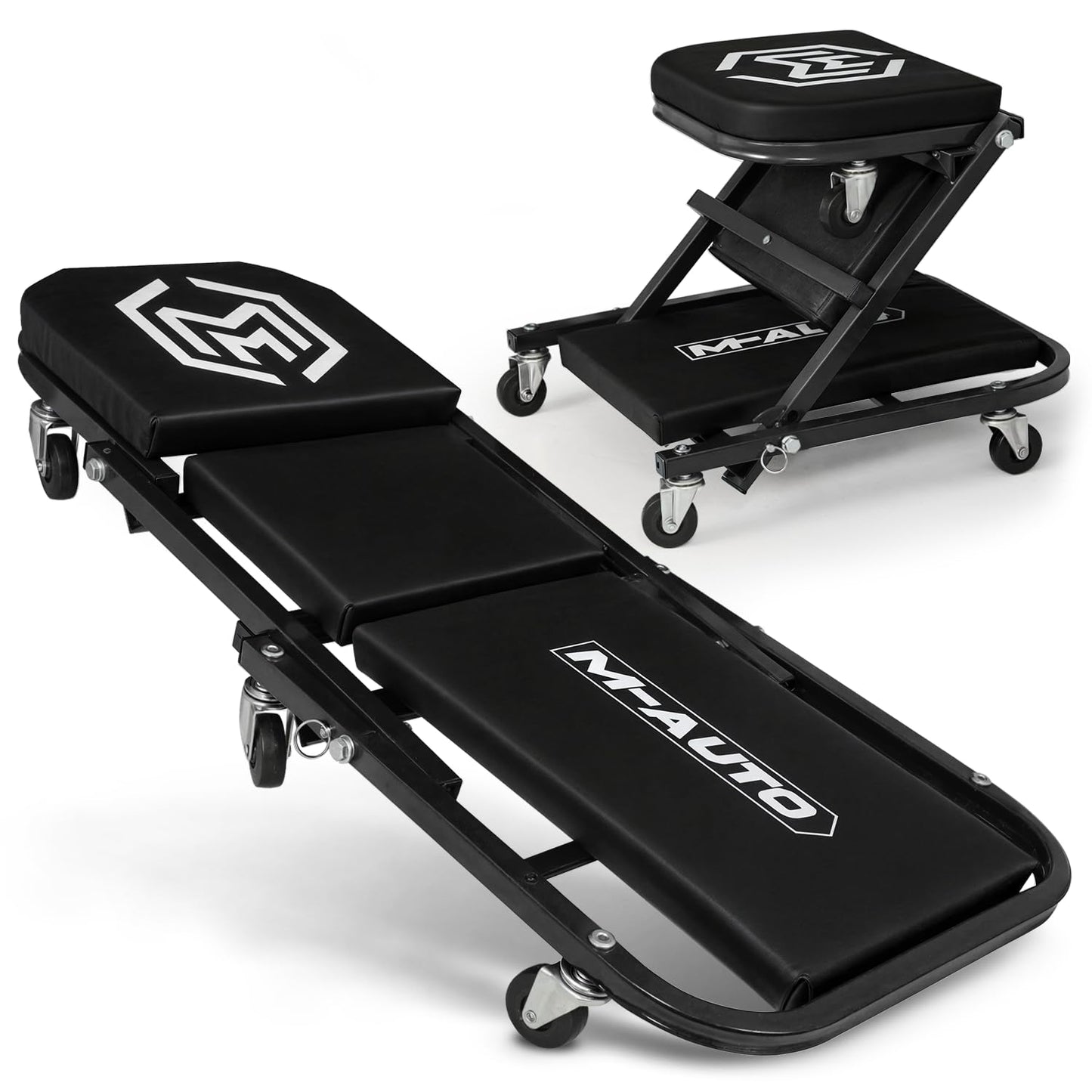 M-AUTO Foldable Z Creeper 2-in-1 Rolling Folding Car Creeper & Seat, 36" Adjustable Roller Garage Chair Lay Down or Sit, 330LBS Capacity Under Car Roller Creeper with 6 Swivel Casters, Black