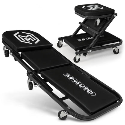 M-AUTO Foldable Z Creeper 2-in-1 Rolling Folding Car Creeper & Seat, 36" Adjustable Roller Garage Chair Lay Down or Sit, 330LBS Capacity Under Car Roller Creeper with 6 Swivel Casters, Black