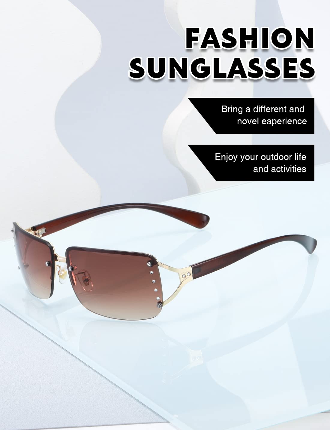 MASDUN Stylish Rimless Frameless Rectangle Sunglasses for Womens Surrounded designer trendy men (Brown Frame Brown Lens)